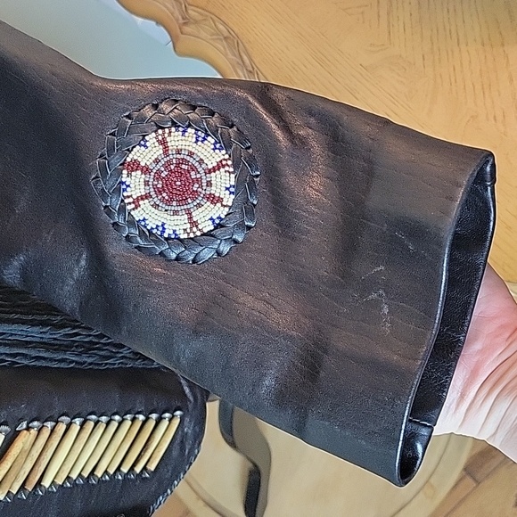 Vintage Beaded, fringe, Western black leather jacket - Picture 5 of 13